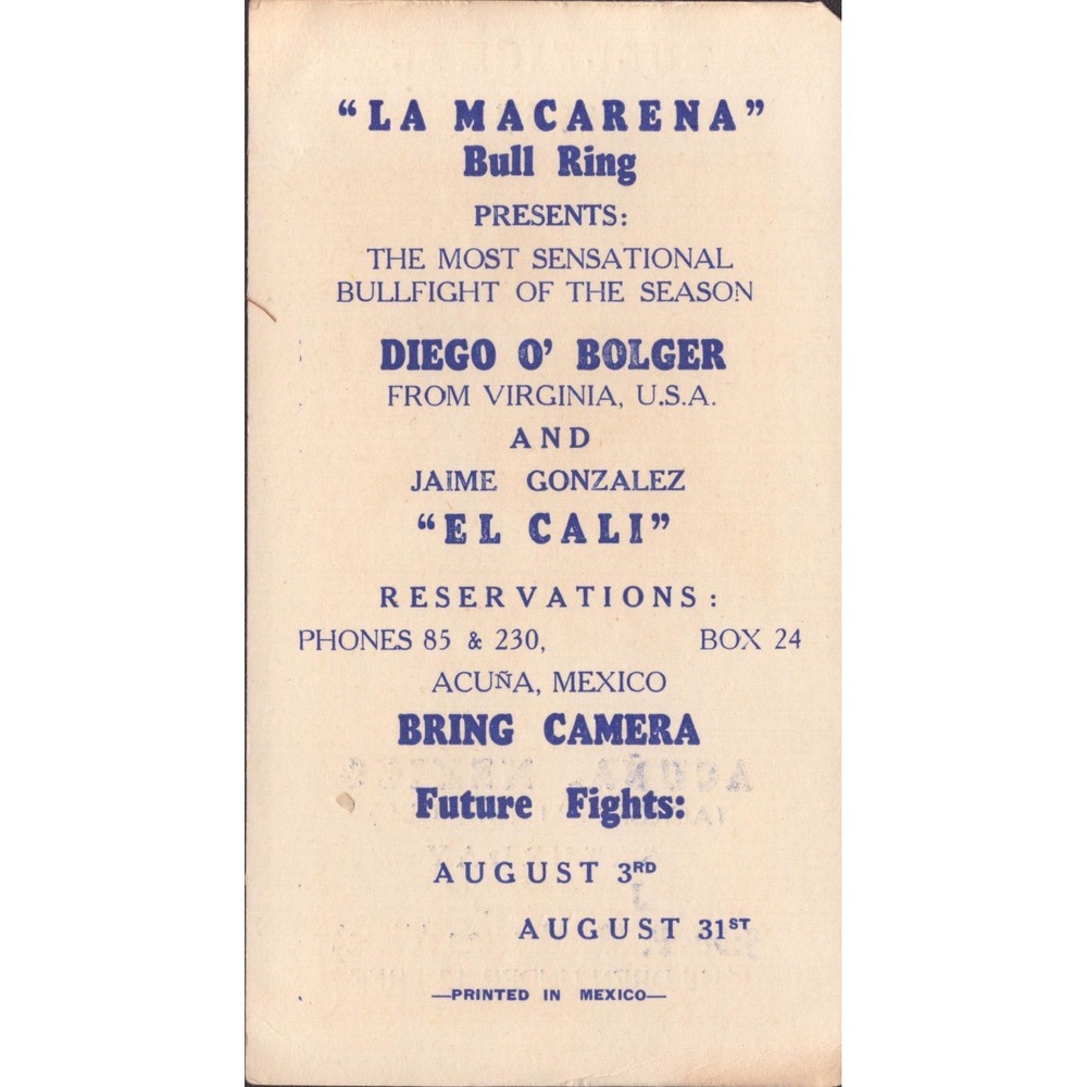 Vintage 1969 Bullfights Program Acuna Mexico La Macarena Diego O Bolger Ephemera - Picture 2 of 2